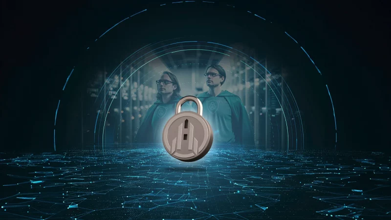 Zwei Männer stehen im Serverrack Raum und ein Schloss ist im Vordergrund