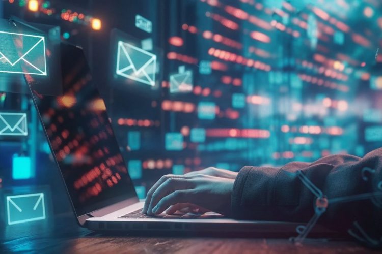 Person am Laptop und Briefe fliegen durch die Luft