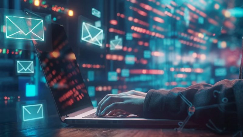 Person am Laptop und Briefe fliegen durch die Luft