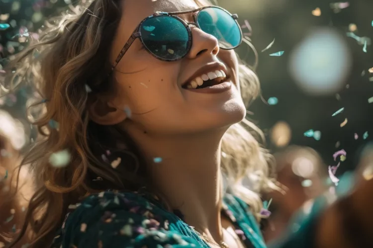 Eine sorglose Frau mit Sonnenbrille, die ein Festival genießt