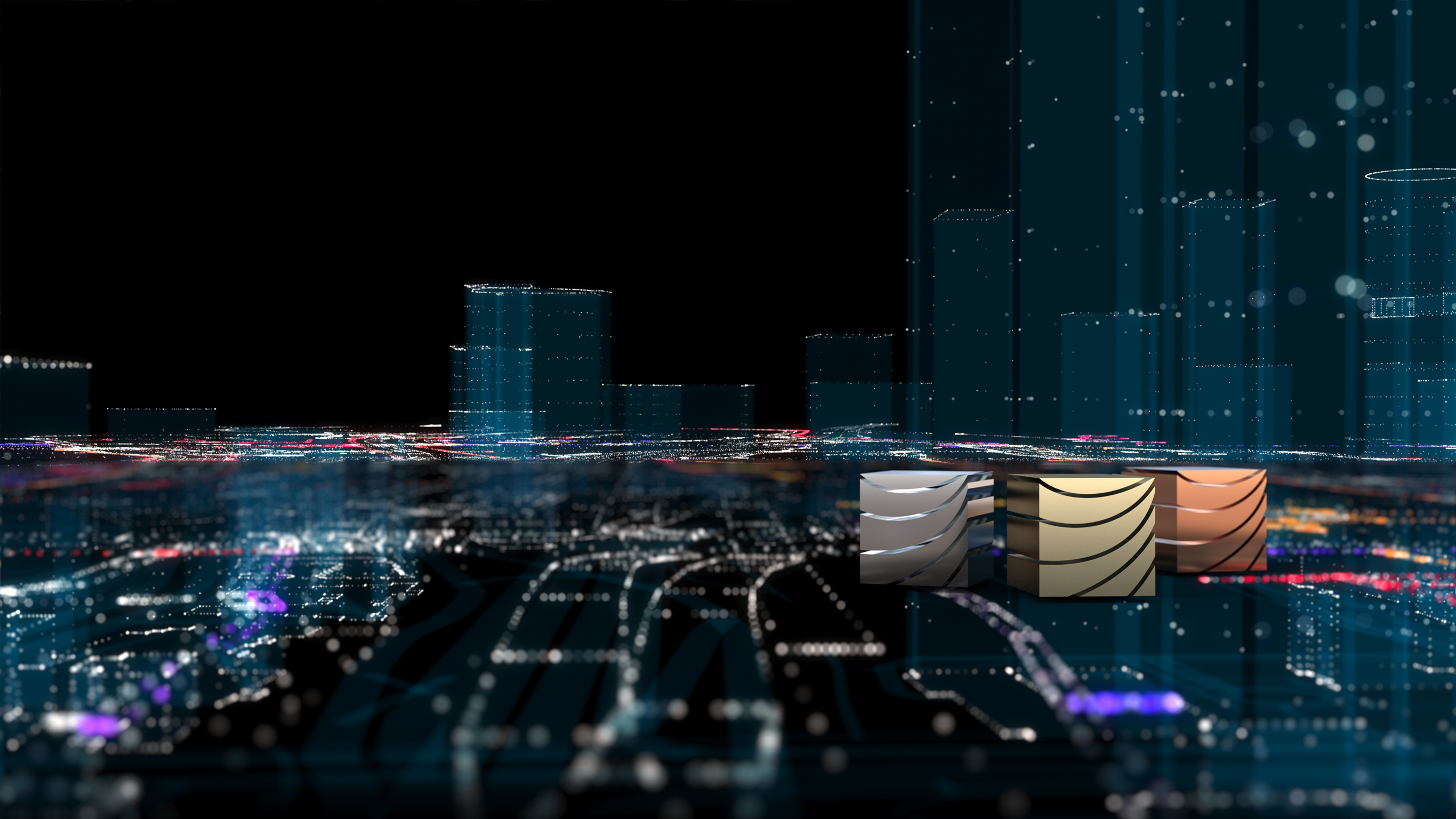 Skyline in der Nacht mit Hochhäusern und drei PKN Logos in 3D