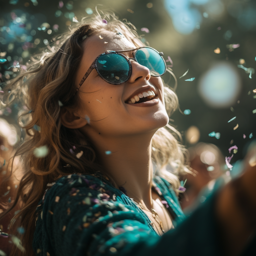 Eine sorglose Frau mit Sonnenbrille, die ein Festival genießt